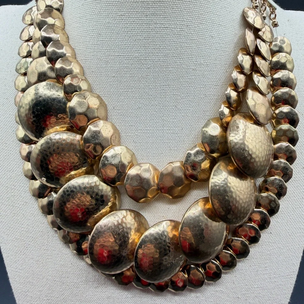Gold Tone Hammered Disc Multi Strand Statement Bib Necklace Bold Chunky Layered